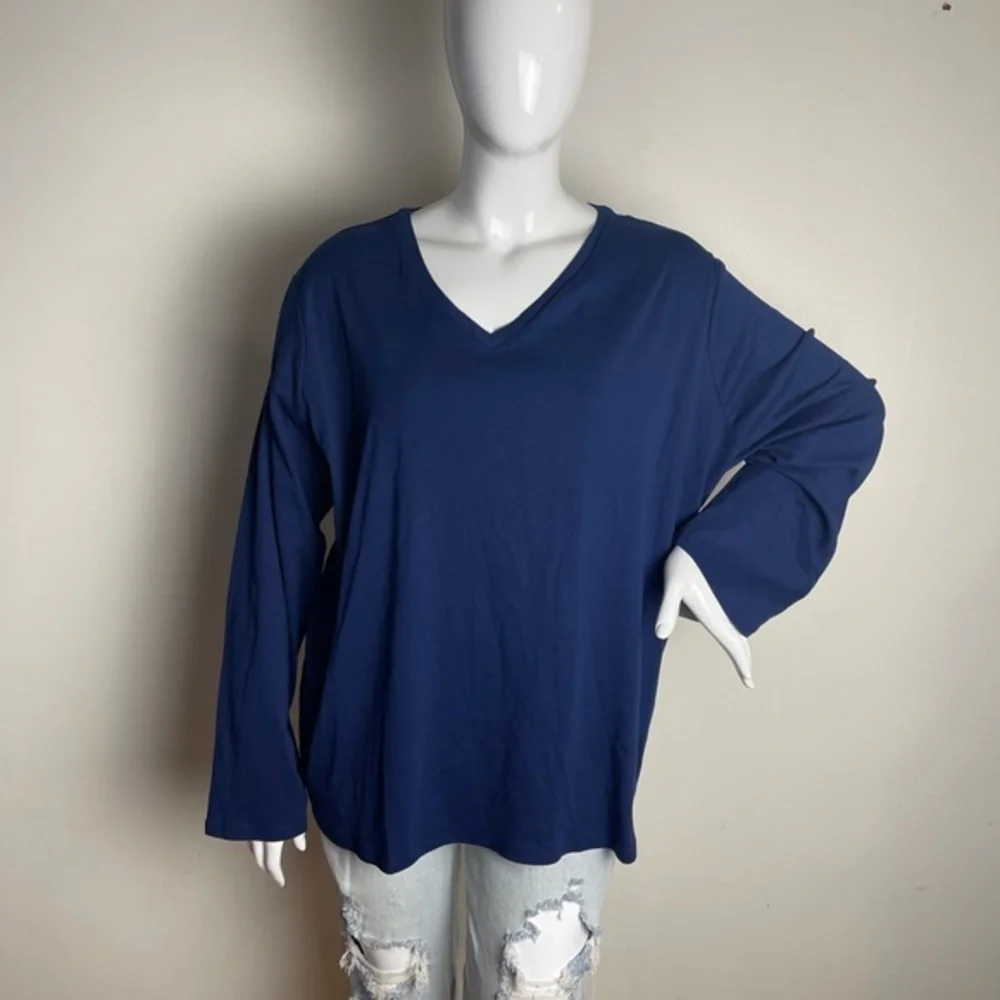 ⭐️LIZ CLAIBORNE  Womens Plus V Neck Long Sleeve T-Shirt‎ navy size 5X